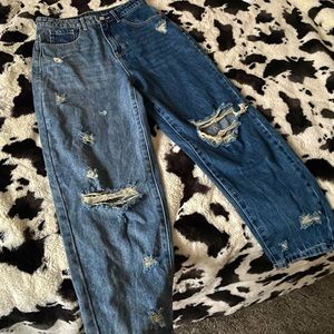 Light and dark blue split ripped boyfriend jeans